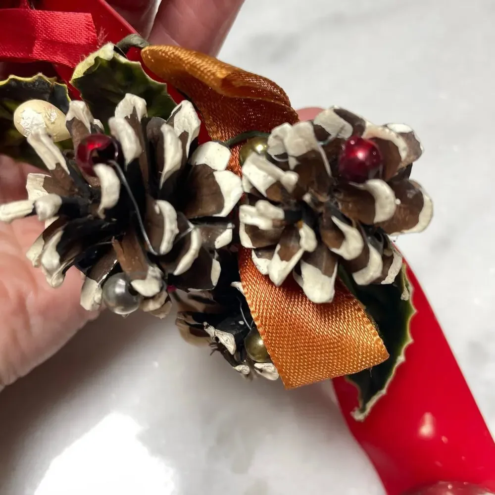 Vintage Sleigh Bell Door Hanger Red Vinyl Strap Jingle MCM Christmas Pinecones